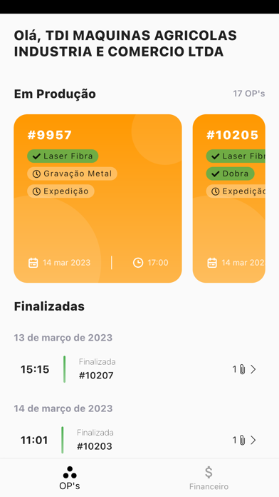 Tela real do aplicativo Produção mostrando ordens em produção e finalizadas